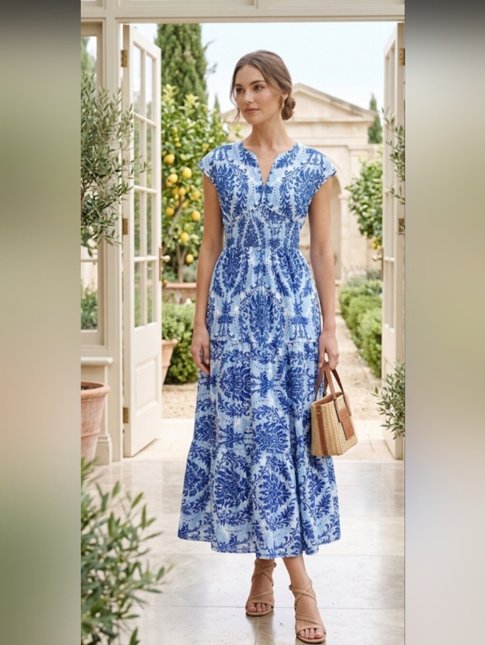 Blue Printed Cap-Sleeve Maxi Dress #94
